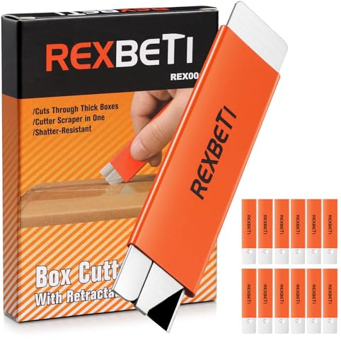 REXBETI 12 Pack Box Cutter, Retractable Cardboard Cutter, Razor Blade Scraper, Handy Box Opener, More Sharp Single Edge Razor Blade Box Cutter Set for Packages Papers and Boxes, Antirust Utility Knife