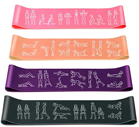 Amonax Bande Élastique Fitness, [Lot de 4] Bande de Résistance Élastique 4 Niveaux de Force, Latex Naturel Équipement d'Exercices pour Musculation/Pilates/Yoga, Sac de Rangement Inclus