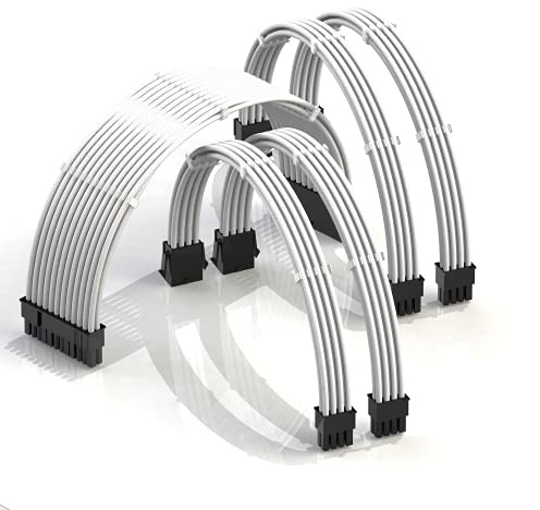 LINKUP - AVA 30cm Câble d’Extension PSU w/Manchon | Conception Personnalisable l’Alimentation GPU | Tressés w/Kit Peignes pour Câbles | 1x24P (20+4) | 2x8P (4+4) CPU | 2x8P (6+2) GPU | 300mm - Blanc