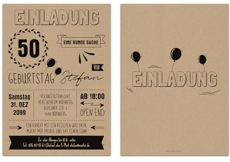 10 bis 100 Stück Individuelle 50. Geburtstag Einladungskarten DIN A6 (148x105mm) - Vintage Typografie, Kraftpapier Look, festes 300g/qm Kartonpapier