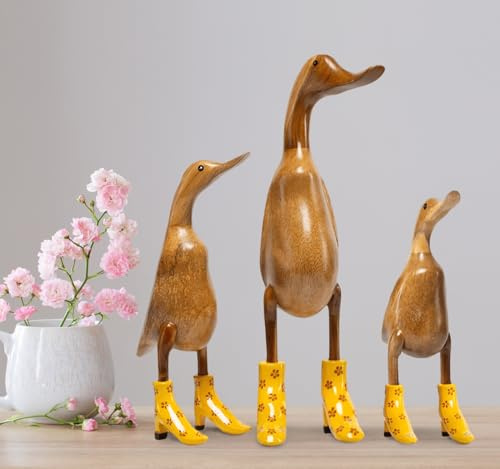 Rikmani - Figura di legno Anatra Stivali Tacchi Giallo Fiorito - Fatto a mano in legno Decorazione Regalo Figurina 25 cm