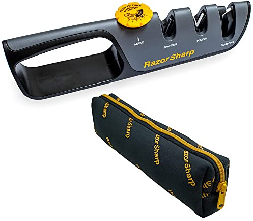 RazorSharp™ Knife Sharpener With Adjustable Angle Guide — Diamond-Coated Ceramic Sharpening Stones for All Knives Including Precision Kitchen, Professional, Chef's Knives — Non-Slip Rubber Edge Grip