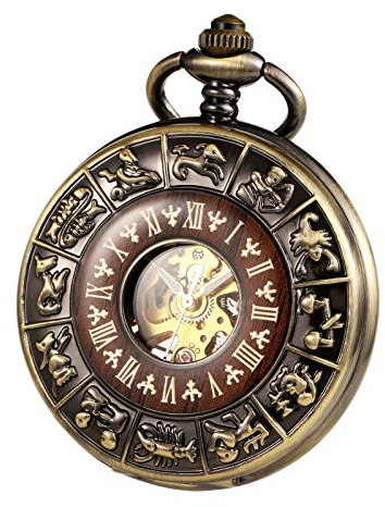 TREEWETO Orologio da tasca unisex in legno con catena, analogico, a carica manuale, numeri romani, scheletro steampunk, per uomo e donna, con catena e scatola regalo, bronzo, Classico