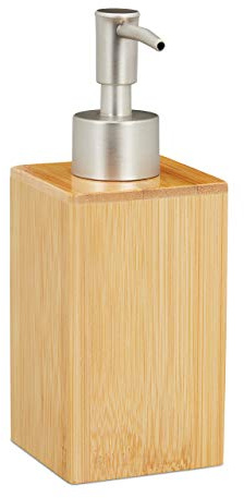 Relaxdays Dispenser di Sapone Manuale, 200ml, Ricaricabile con Testa a Pressione, Bambù & Plastica, Naturale/Argento