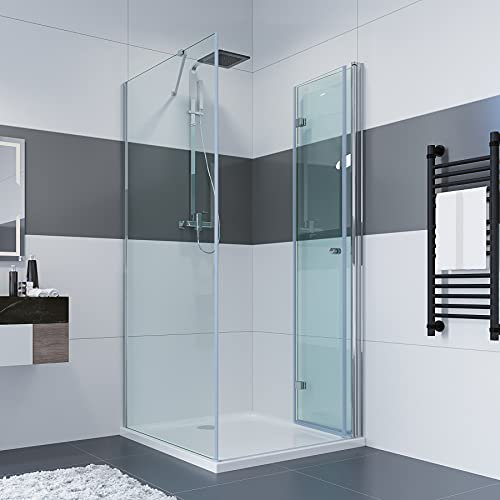 IMPTS Duschkabine Eckeinstieg 100x90 x 185 cm Duschabtrennung mit Falttür Rahmenlos Eckdusche Duschtür Scharniertür Glas, ohne Duschtasse & Ablauf