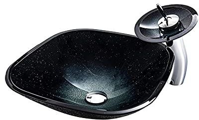SHUGUANG Lavandino in Vetro Temperato, Quadrato Lavabo da Appoggio ​in Vetro Temperato Gradiente Stellato Nero Lavabo da Bagno Artistico Lavabo da Appoggio, 420×420×145mm,Sink with Waterfall Faucet