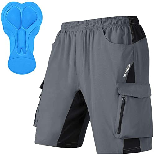 VAYAGER Short de Cyclisme VTT pour Homme avec 3D Rembourré, Short de Vélo de Montagne Homme Séchage Rapide Coupe Large et Léger Gris - L