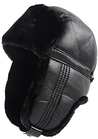 WHSPORT Unisex Leder Trappermütze Bomber Hut Fliegermütze Ohrenschützer Fellmütze Warme Kunstfell Russische Mütze Pilotenmütze (Color : Black, Size : 56-58CM/22.04-22.83IN)