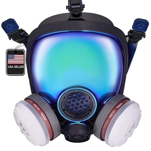 PD-100 Arctic Blue Mirrored Full Face Organic Vapor & Particulate Respirator - Dual Activated Charcoal Filtration - Full Face Eye Protection Mask