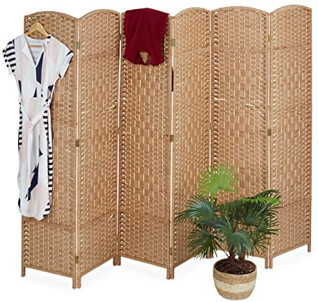 Relaxdays Paravent à 6 Volets, séparateur de pièces Pliable, Bois, Corde Papier, HL 170 x 241 cm, pour intérieur, Nature
