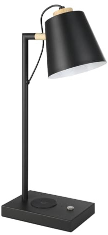 EGLO LED Tischlampe Lacey, Nachttischlampe mit QI-Ladefunktion | Tischleuchte Touch dimmbar aus Holz in Natur, Metall in Schwarz und Creme, Schlafzimmer Tisch Lampe, warmweiß