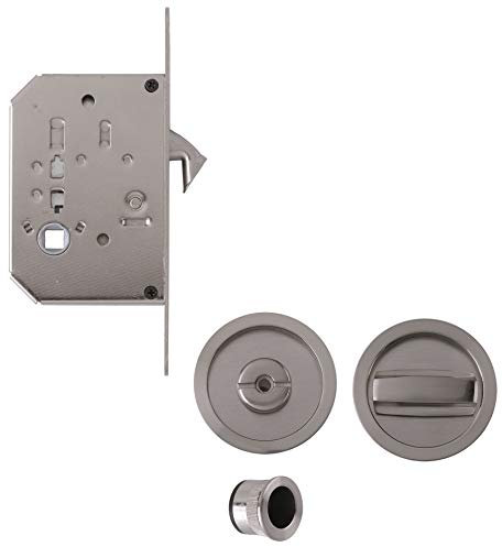 Set kit chiusura chiavistello per porta scorrevole, con rosette rotonde con chiusura e sblocco serratura intarsiata con gancio diametro di rosette incassate 56 mm (nichel satinato)