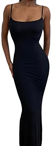 Robe Cami Bodycon pour Femme Robe Décontractée Unie Robe à Bretelles Spaghetti Robe Maxi TikTok Robe d'Influenceuse TikTok, Noir , XS