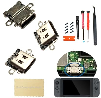 (3pcs-Pack) for Switch Charging Port Dock Replacement Socket Parts for Nintendo Switch HAC-001 NS Console with Back Cover Screws [not fit for Switch lite,not fit for Switch OLED Version]