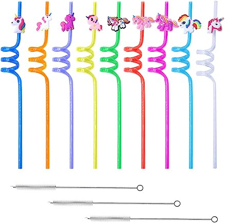 9pcs Cartoon Rainbow Straws with 3pcs Straw Brushes, Curling Straws, Animal Shaped Straws, Reusable Plastic Straws for Kids Birthday Party, Beach Party, BBQ Party