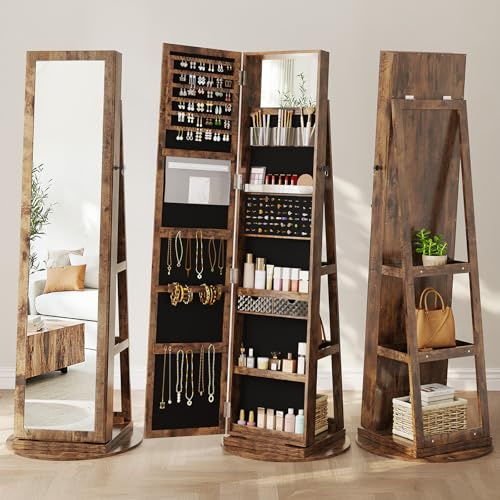 Dripex Rustic Brown Jewelry Organiser Mirror Wardrobe, 360° Swivel Jewelry Storage Wardrobe, Lockable, 3 in 1 Free Standing Mirror with Storage Shelves