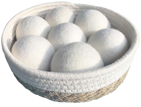 New Zealand Wool Dryer Balls | 7-Pack in Handmade Basket | Speed Up Drying & Reduce Wrinkles | Natural Reusable Fabric Softener