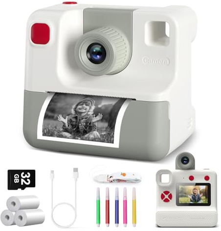 Sofortbildkamera Kinder,1080P Sofortbildkamera Kinder Fotokamera mit 3 Rollen Druckpapier & 32GB Karte, DigitalKamera Kinder Sofortbildkamera Geschenk für 3-12 Jahre (Weiß)