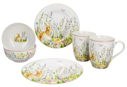 MamboCat Happy Easter Service de petit-déjeuner 6 pièces I 2 petites assiettes, bols et tasses à café de Pâques pour 2 personnes I Vaisselle de Pâques colorée pour le petit-déjeuner et le café I avec