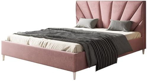 AlpiMeble Polsterbett LUX Denver mit Kopfteil, 140 x 200 cm, Doppelbett mit Lattenrost aus Holz, Velourstoff Rosa, Füße in Farbe: Weiß