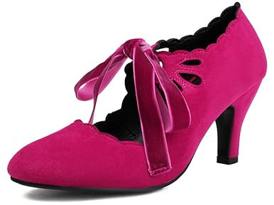 elerhythm Damen Mary Jane Vintage Lace Up Teardrop Cut Out Close Runde Zehe 1920er Jahre Gatsby Heels Retro 1950er Jahre viktorianische Pumps Wildleder Schuhe (RED EU39)