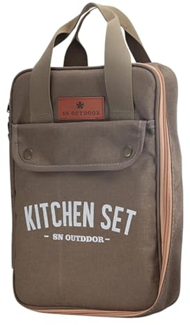 COMFOLIVING Borsa per utensili da campeggio, set da cucina da campeggio, 8 pezzi, utensili da campeggio in acciaio inox, organizer portatile da cucina, set di utensili da cucina in metallo per