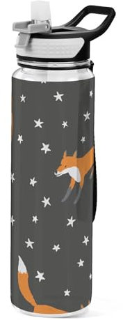 Mnsruu Transparente Sport-Wasserflasche mit Strohhalm, auslaufsichere Trinkflasche, Fuchs, Tierdruck, Stern, schwarz, Fahrradflaschen für Sport, Büro, Schule, BPA-freier Tritan-Kunststoff, 1 Liter
