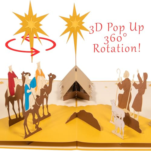LINPOPUP® Pop-Up Weihnachtskarte Weihnachtskrippe - 3D Weihnachtsgrußkarte Die Heiligen Drei Könige & Krippe, christliche Grußkarte, Geschenken für Kinder, Frau, Mann, Frohe Weihnachten Karte, N416