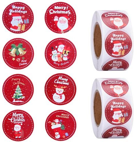 1000 Stück Weihnachtssticker, 2 Rollen Weihnachtsaufkleber Selbstklebend, 3.8CM Weihnachtsaufkleber Rund, Geschenketiketten Weihnachten Sticker für Weihnachtskarten Geschenktaschen Papiertüten