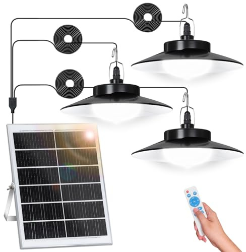 Solar Hängelampe Außen 3-flammig,Weißes Design mit großem 45x35cm Panel, 5 Modi & Fernbedienung, IP65 Wasserdicht, Extra Hell, 5m Kabel für Garten & Terrasse