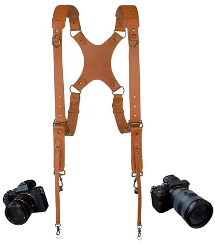 4J LEDR Leather Camera Harness for 2 Cameras, Dual Shoulder Leather Camera Strap,Dual Camera Harness for DSLR/SLR,Double Camera Strap for Photographers, Dual Camera Strap Padded Straps,Tan