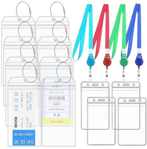 YnewL 8 etiquetas para equipaje y 4 fundas para tarjetas de identificación con cinta extensible, etiquetas de equipaje impermeables de PVC para cruceros