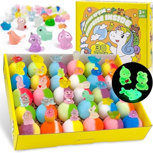 Bombas de baño para niños con juguetes en el interior, 30 PCS Natrual y Orgánica Bombas de Baño de Burbuja con Sorpresa Glow-in-the-Dark en el interior, perfecto regalo de cumpleaños hecho a mano