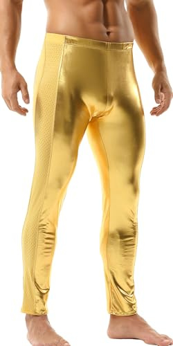 AIEOE Leggings metálicos para hombre, malla reflectante brillante, pantalones largos, ajustados, para danza, discoteca, atletismo, casual, deportivas, dorado, S