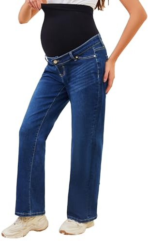 JIMYICLR Umstandsjeans für Damen, gerades Bein über dem Bauch, dehnbar, Schwangerschafts-Denim-Hose, Bequeme Umstandshose mit Taschen, Dunkelblau, Groß