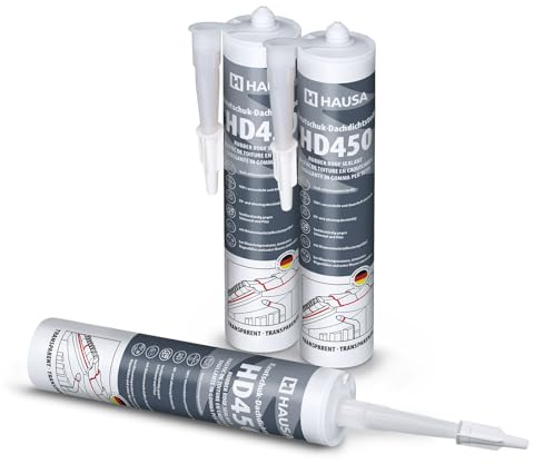 Hausa Kautschuk Dachdichtstoff HD450 Transparent 3x 300ml dauerelastische Dichmasse & Kleber für Dach Dachrinnen Trapezblech Dachfolien Dachbahnen, wetterfest, kompatibel mit Bitumenwerkstoffen