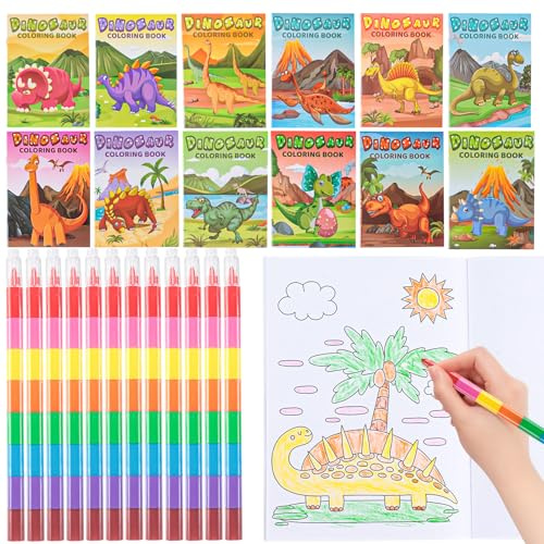 Phlognfy Dinosaurier Malbuch Set, 12 Mini Malbücher Kinder + 12 Wachsmalstifte Stapelbar (8 Farben in 1), Dinosaurier Party Mitgebsel, für Mädchen Jungen Dino Kindergeburtstag Geschenke