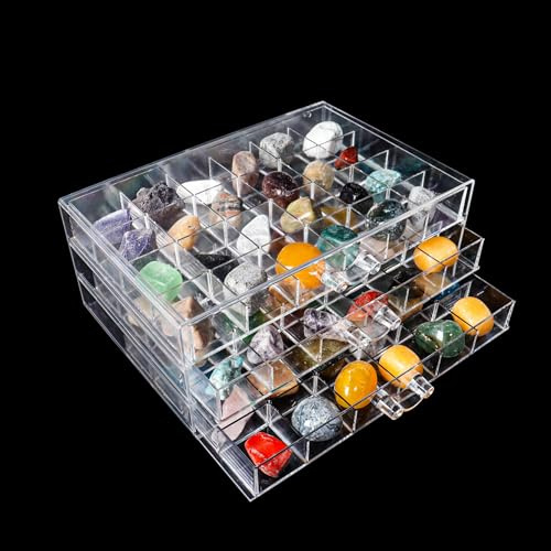 Dmnnlp Rock Vitrine, Acryl Rock Sammelbox, 3 Etagen 72 Fächer(3x3.5cm), Aufbewahrungsbox mit Fächern für Kleine Fossil-Kristalle, Sammlerstücke, Edelsteine, Steine (klar 3)