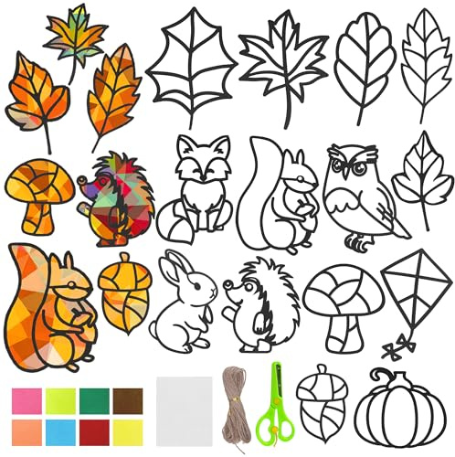 EUIOOVM 14 Stück Herbst Bastelset für Kinder, Herbst Kranz Bastelset DIY Fensterbilder Herbst Blätter Deko Bastelvorlagen Kreative Geschenke Kinder Herbstdeko für Halloween Thanksgiving