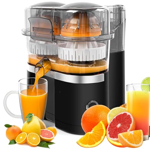 Exprimidor eléctrico de cítricos, exprimidor automático doble de naranja y limón, diseño seguro sin cuchillas, ranura de pulpa de 8 cuchillas, cortador de frutas integrado, alto rendimiento de jugo