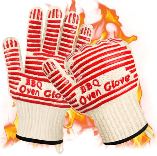 AUAUY Guanti da Barbecue, Guanti da Forno, Accessori Cucina Cotone Antiscivolo, Resistenza al Calore Fino a 662°F / 350°C per Cucina, Griglia, Camino, Cottura al Forno, Cottura, Microonde, Rosso-27 cm