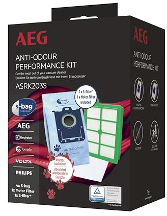 AEG ASRK203S S-Bag Performance Kit, 4X S-Bag Staubbeutel Anti-Odour,1x S-Filter Hygienefilter Waschbar, 1x Motor Filter, für Haustierbesitzer, Anti-Geruch, Hygieneverschluss, Beutelsauger