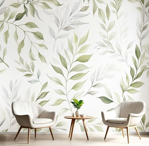 Decoración Mural Blanco Verde Hojas De Olivo Frescas Papel Pintado Plantas De Acuarela 3D Murales Seda Material Para Fotográfico Tapiz Salón Dormitorio Cocina Decoración Del Hogar,350X260Cm