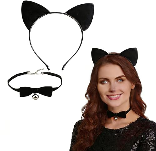 YceLon Schwarzes Katzenohren Haarreif Set für Erwachsene | Katzenkostüm Accessoires für Damen, Katzenohren Haarschmuck für Karneval Halloween Cosplay Party