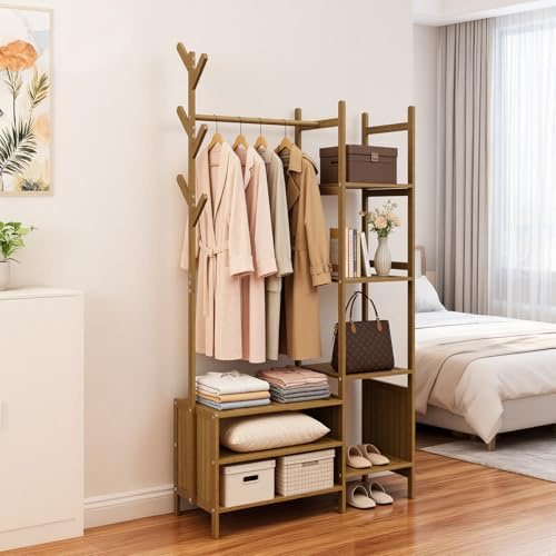 Warmiehomy Clothes Rail with Shelves, 158cm Height Clothes Rack with Storage and Hooks, Hanging Rail with 6 Storage Shelves for Bedroom Entryway Bathroom Hallway and Office,80x30x158cm,Tea
