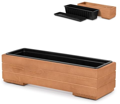 alfalux Blumentopf Outdoor Holz - Pflanzkübel Übertopf - Mit Einsatz und Untersetzer - 61,5 x 19,5 x 17 H cm 9 L Braun 61DES1917NU