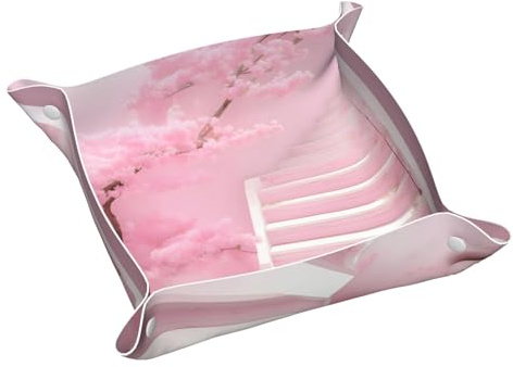 Plateau de rangement en cuir imprimé fleur de cerisier blanc 24,9 cm pour bureau, peut contenir télécommandes, clés, téléphones portables, portefeuilles et pièces de monnaie.
