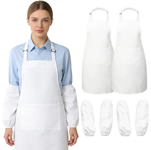 lafo Schürze Weiß 2er-Set mit 2 Paar Ärmelschonern, Verstellbare Kochschürze mit 2 Taschen für Damen und Herren, Küche Kochen Backen Gartenarbeit