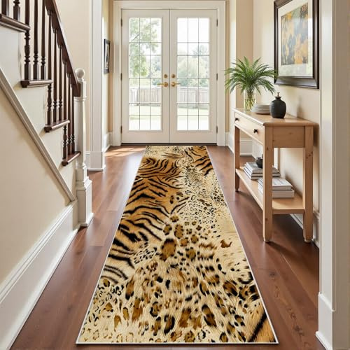 Leopardenmuster Teppichläufer Flur, Tiger Zebra Tierdruck Läufer Flur | Rutschfest, Vintage Bauernhaus Küchenteppich 60x300 Waschbar, Küchenläufer Bettvorleger für Schlafzimmer Wohnzimmer