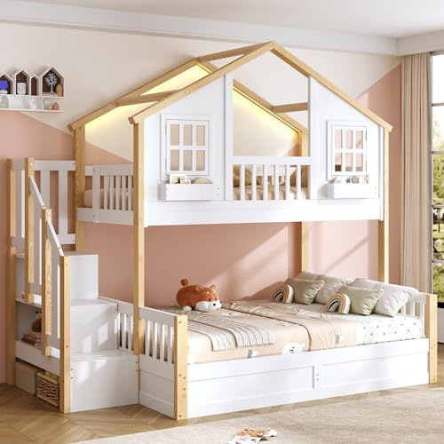 BEJUDYTT Etagenbett mit hydraulischem Unterbett, Hochbett aus Massivholz, Holzbett, Hausbett, mit Stauraumtreppe, Fenster-Form, weiß+Naturfarbe (90 * 200+140 * 200cm)